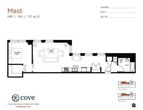 Floor plan for 1 bed, 1 bath, 747 sqft
